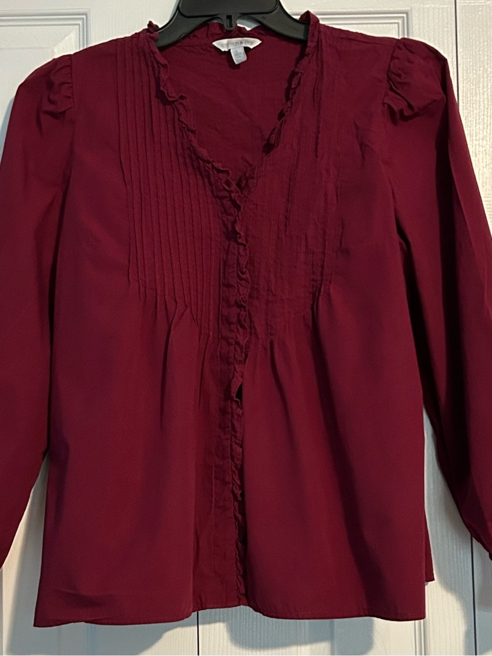 crown & ivy Burgundy Ruffled Pintuck V-Neck Blouse